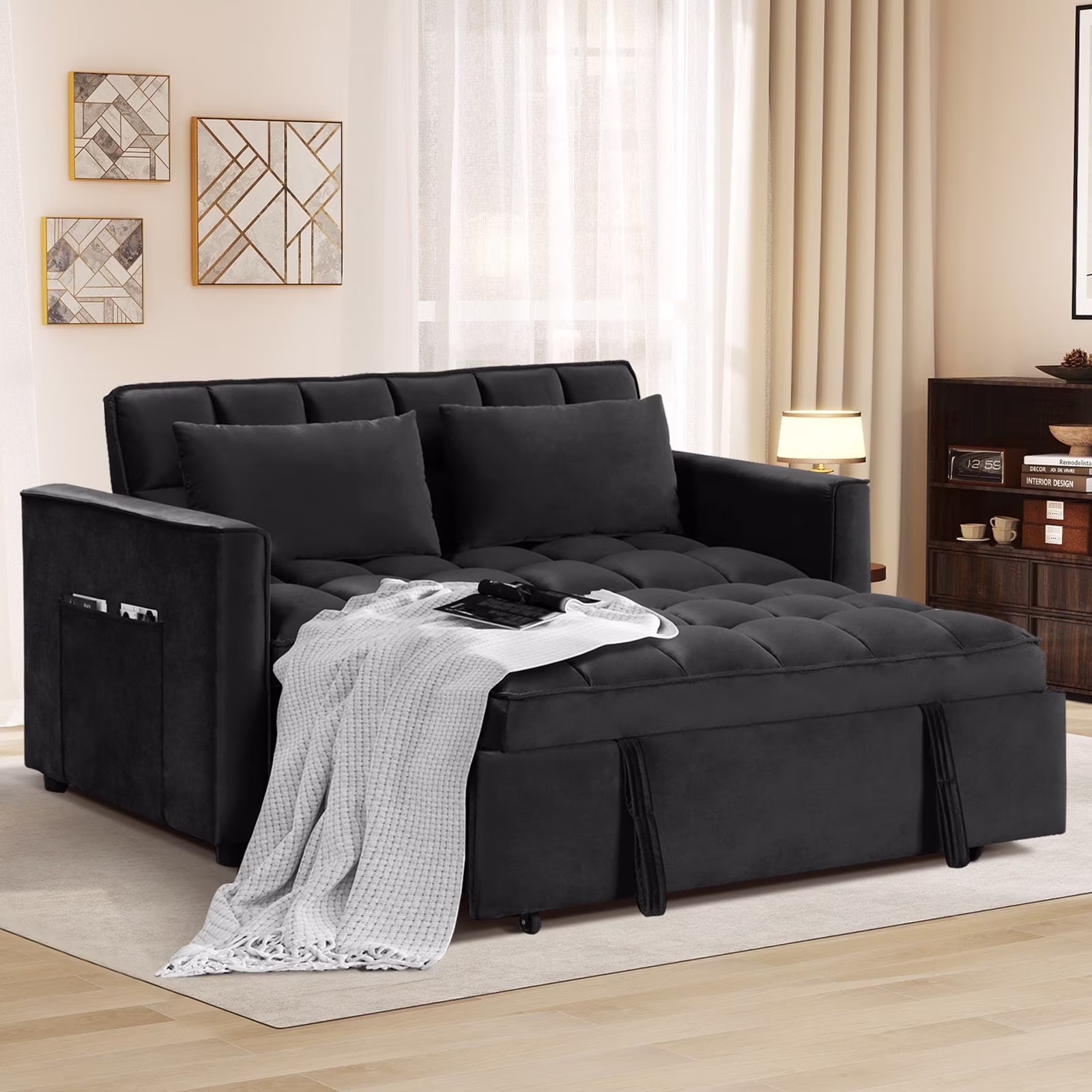 Bonzy Home Convertible Velvet Loveseat Sofa Bed with Adjustable Backrest, Black